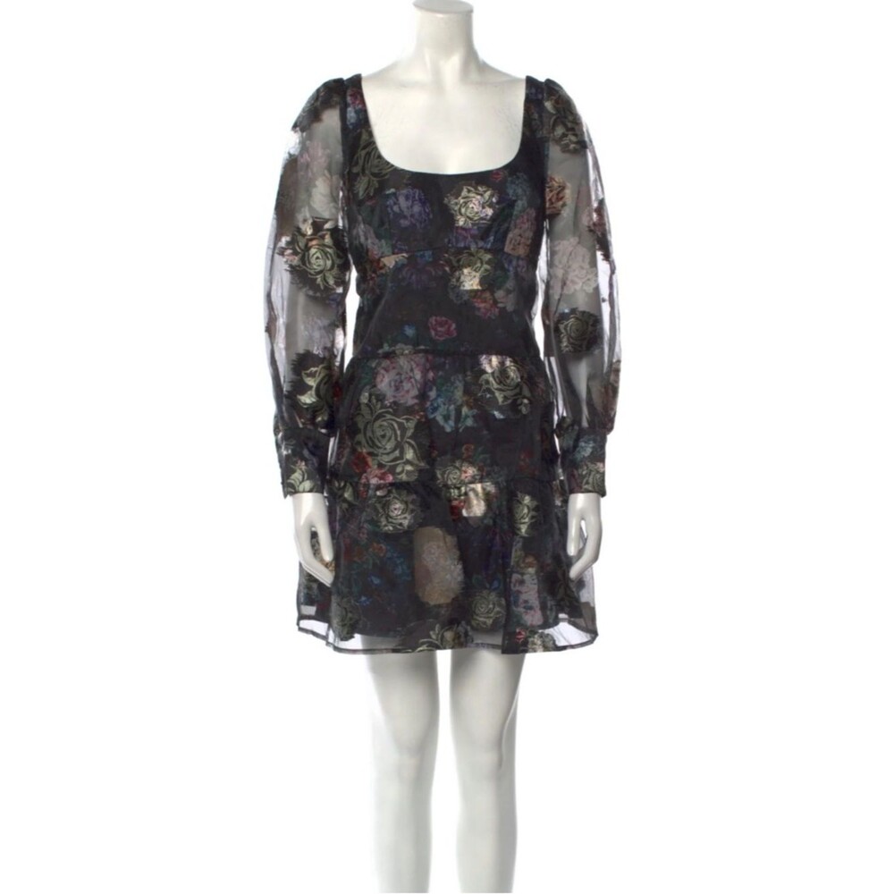 Marchesa Notte Sheer Black Floral Square-Neck Mini Dress Size 8 Long Sleeve NEW